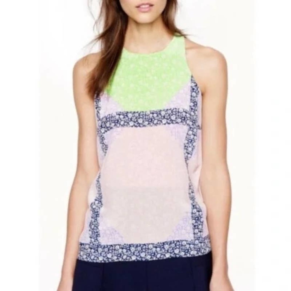 J Crew Sleeveless Windowpane Colorblock Silk Tank Size 0 Multi Color Floral Top